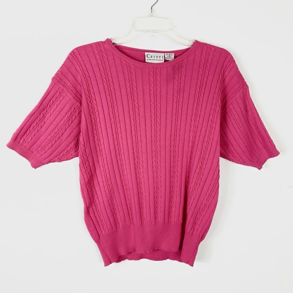 Vintage Career Essentials Hot Pink Cable Knit Short Sleeve Sweater